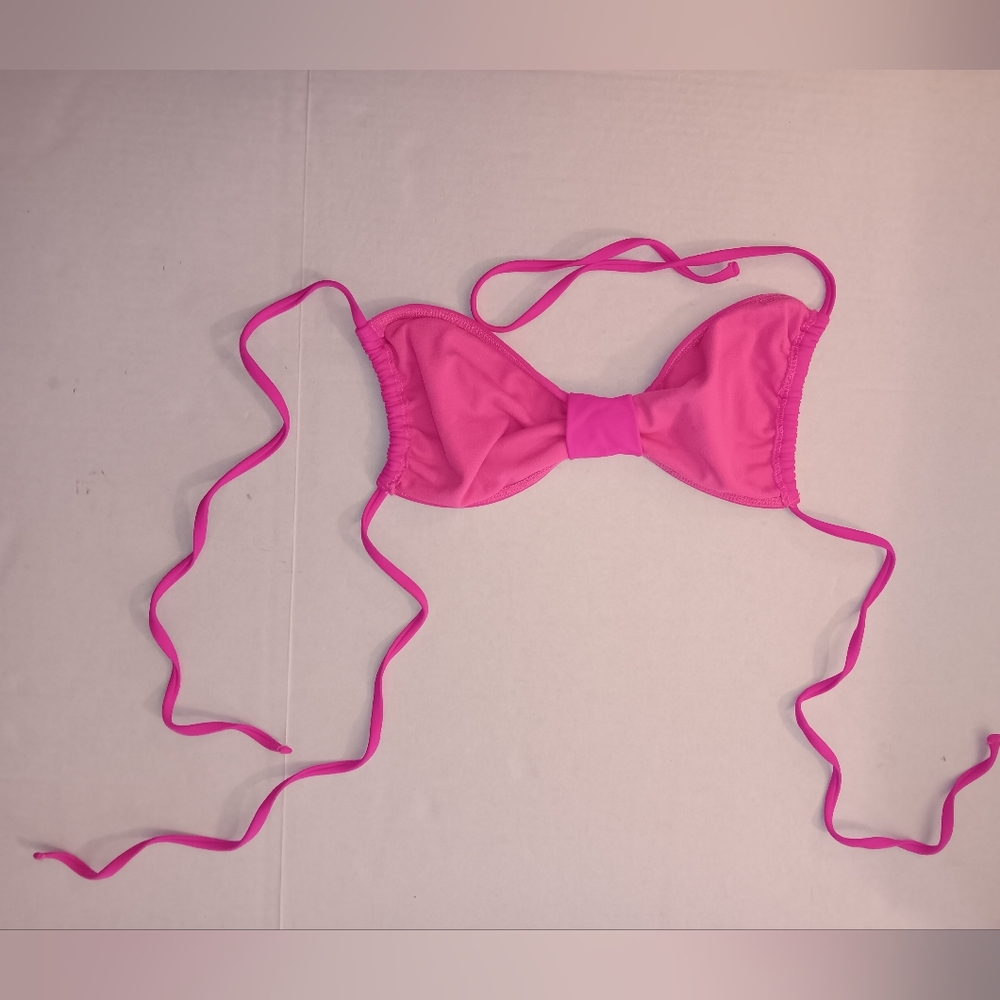 Hot Electric Neon Pink String Bikini Bandau Top Adjustable Neck & Back Ties